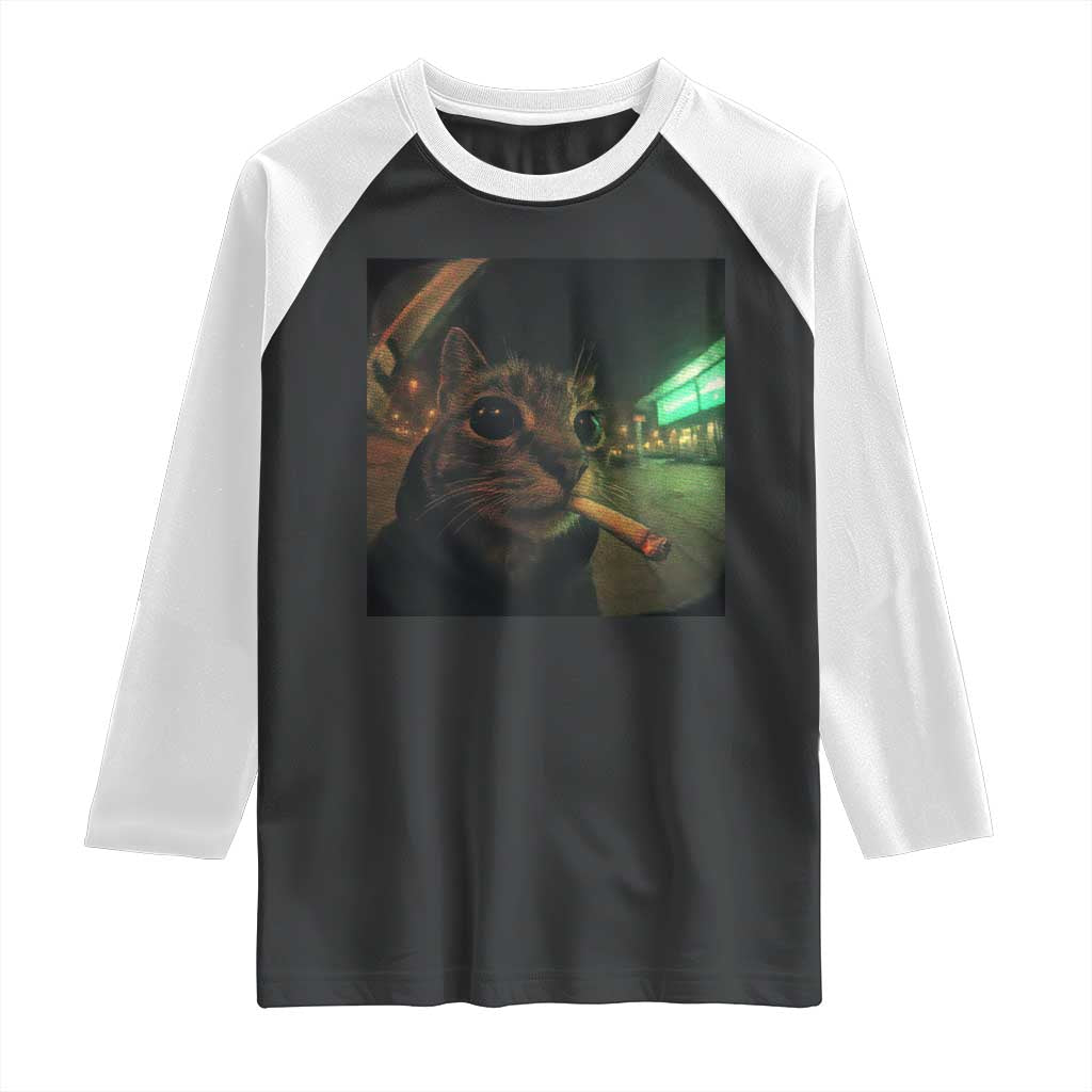 Funny Smoking Cat Raglan Shirt Retro 90s Grunge Cat Selfie Streetwear Meme TS10 Black White Print Your Wear