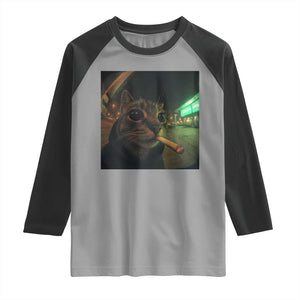 Funny Smoking Cat Raglan Shirt Retro 90s Grunge Cat Selfie Streetwear Meme TS10 Sport Gray Black Print Your Wear