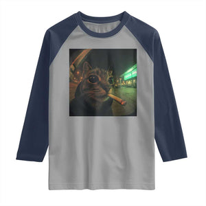 Funny Smoking Cat Raglan Shirt Retro 90s Grunge Cat Selfie Streetwear Meme TS10 Sport Gray Navy Print Your Wear