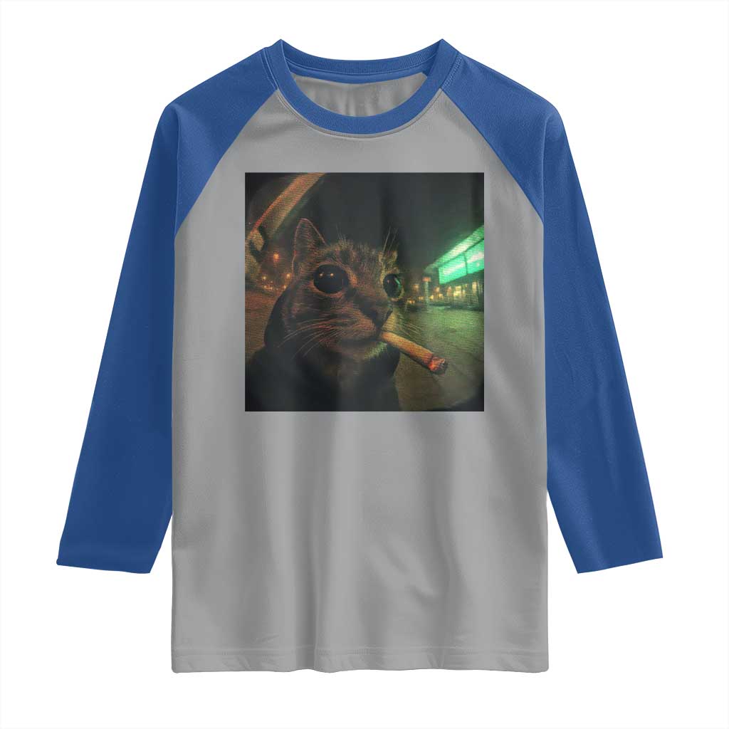 Funny Smoking Cat Raglan Shirt Retro 90s Grunge Cat Selfie Streetwear Meme TS10 Sport Gray Royal Print Your Wear