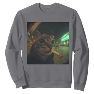 Funny Smoking Cat Sweatshirt Retro 90s Grunge Cat Selfie Streetwear Meme TS10 Charcoal Print Your Wear