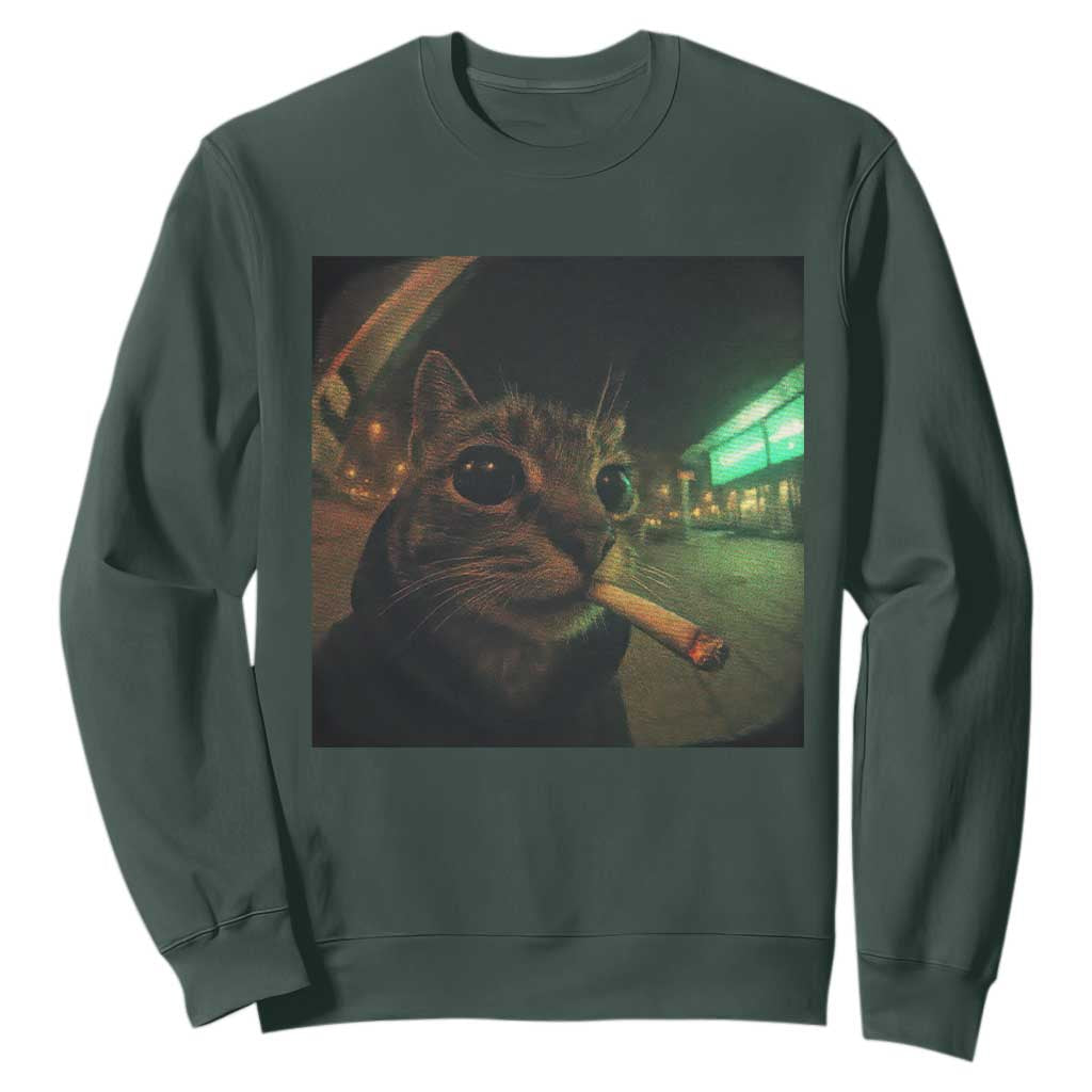 Funny Smoking Cat Sweatshirt Retro 90s Grunge Cat Selfie Streetwear Meme TS10 Dark Forest Green Print Your Wear
