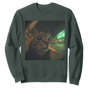 Funny Smoking Cat Sweatshirt Retro 90s Grunge Cat Selfie Streetwear Meme TS10 Dark Forest Green Print Your Wear