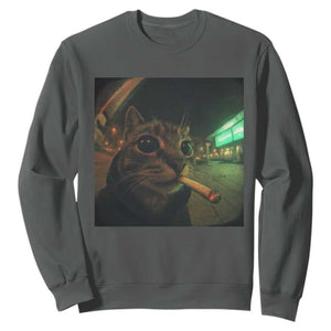 Funny Smoking Cat Sweatshirt Retro 90s Grunge Cat Selfie Streetwear Meme TS10 Dark Heather Print Your Wear