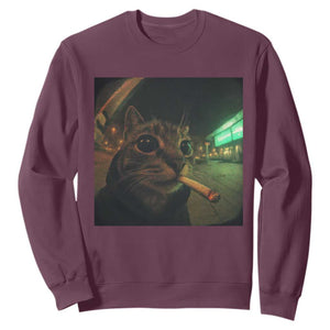 Funny Smoking Cat Sweatshirt Retro 90s Grunge Cat Selfie Streetwear Meme TS10 Maroon Print Your Wear