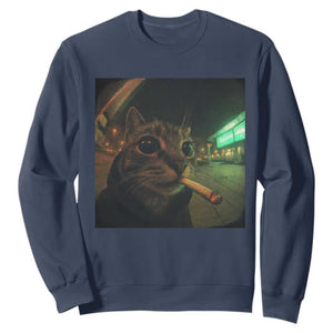 Funny Smoking Cat Sweatshirt Retro 90s Grunge Cat Selfie Streetwear Meme TS10 Navy Print Your Wear