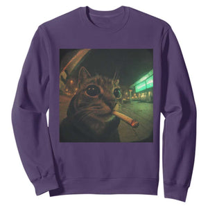 Funny Smoking Cat Sweatshirt Retro 90s Grunge Cat Selfie Streetwear Meme TS10 Purple Print Your Wear