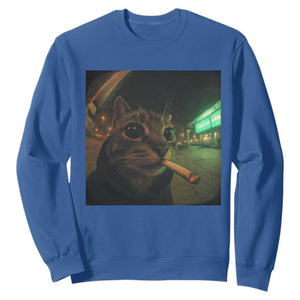 Funny Smoking Cat Sweatshirt Retro 90s Grunge Cat Selfie Streetwear Meme TS10 Royal Blue Print Your Wear