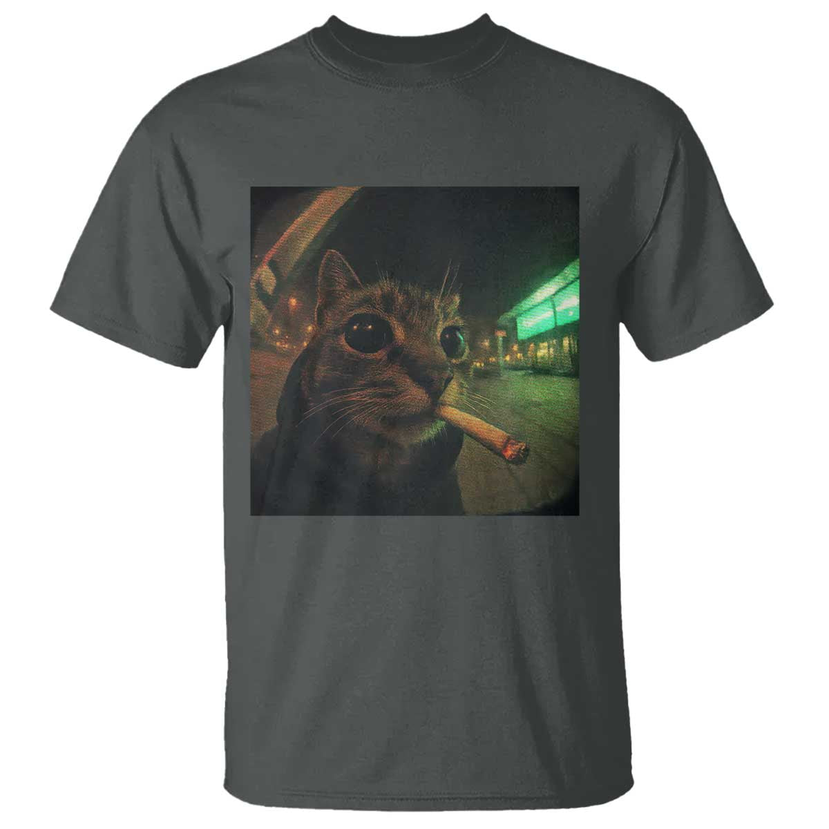 Funny Smoking Cat T Shirt Retro 90s Grunge Cat Selfie Streetwear Meme TS10 Dark Heather Print Your Wear