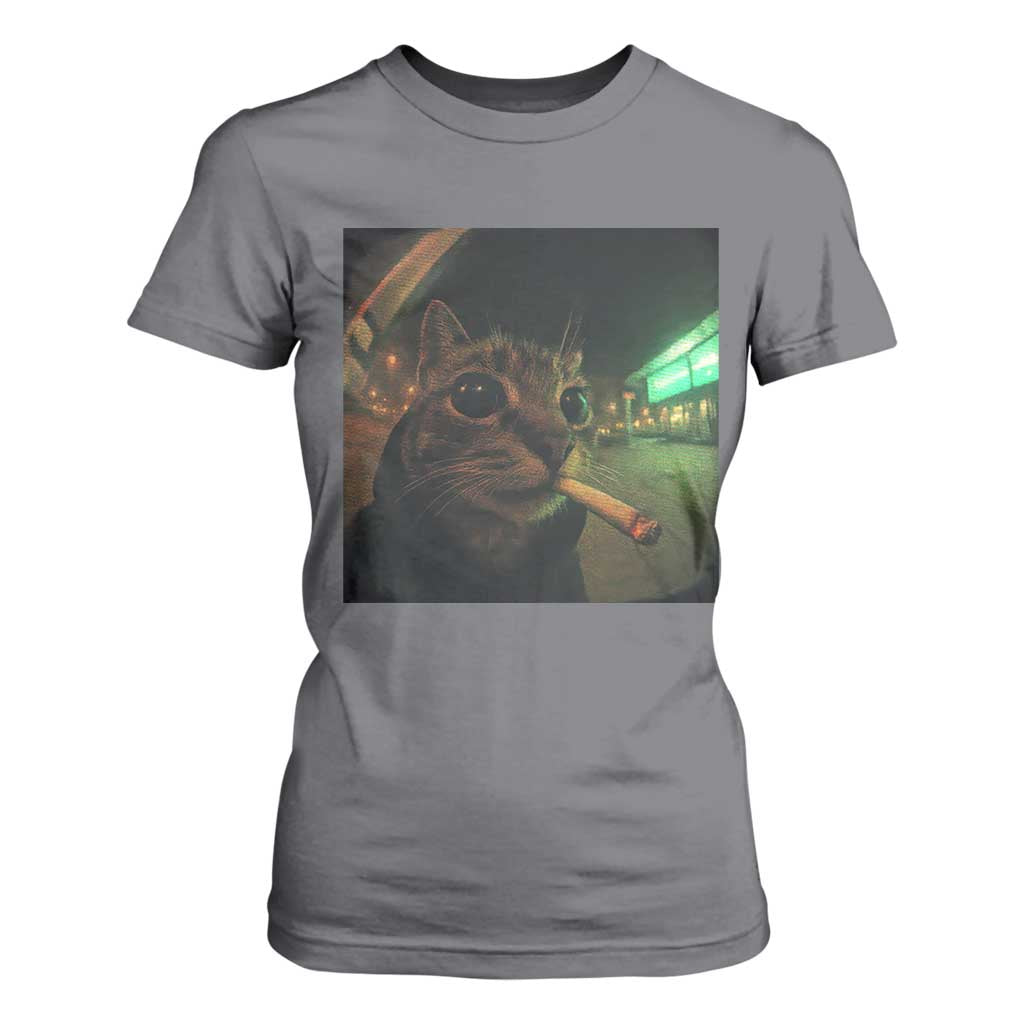 Funny Smoking Cat T Shirt For Women Retro 90s Grunge Cat Selfie Streetwear Meme TS10 Charcoal Print Your Wear
