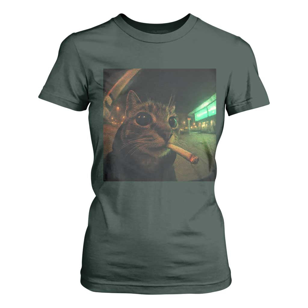 Funny Smoking Cat T Shirt For Women Retro 90s Grunge Cat Selfie Streetwear Meme TS10 Dark Forest Green Print Your Wear
