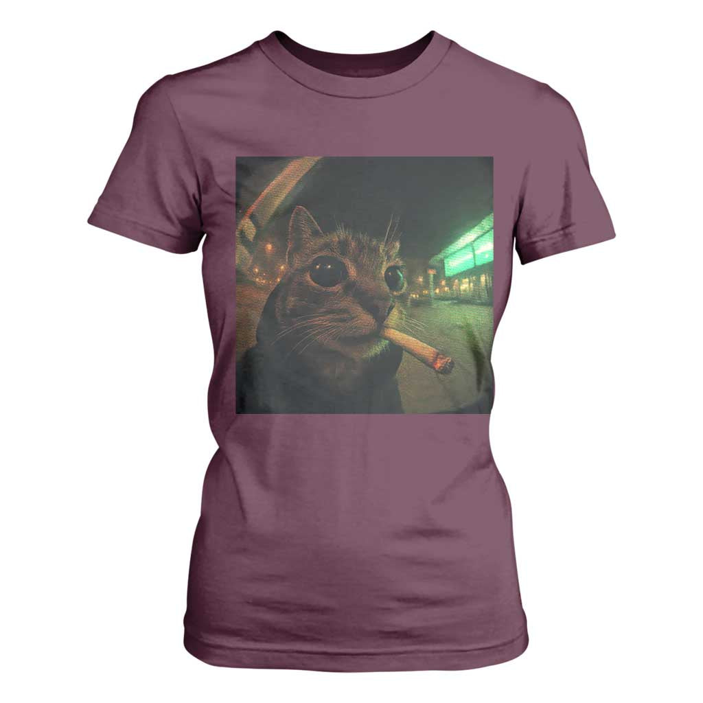 Funny Smoking Cat T Shirt For Women Retro 90s Grunge Cat Selfie Streetwear Meme TS10 Maroon Print Your Wear