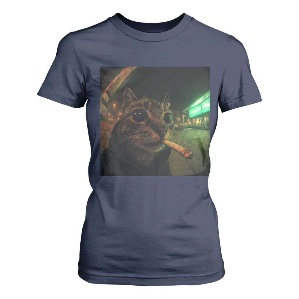 Funny Smoking Cat T Shirt For Women Retro 90s Grunge Cat Selfie Streetwear Meme TS10 Navy Print Your Wear