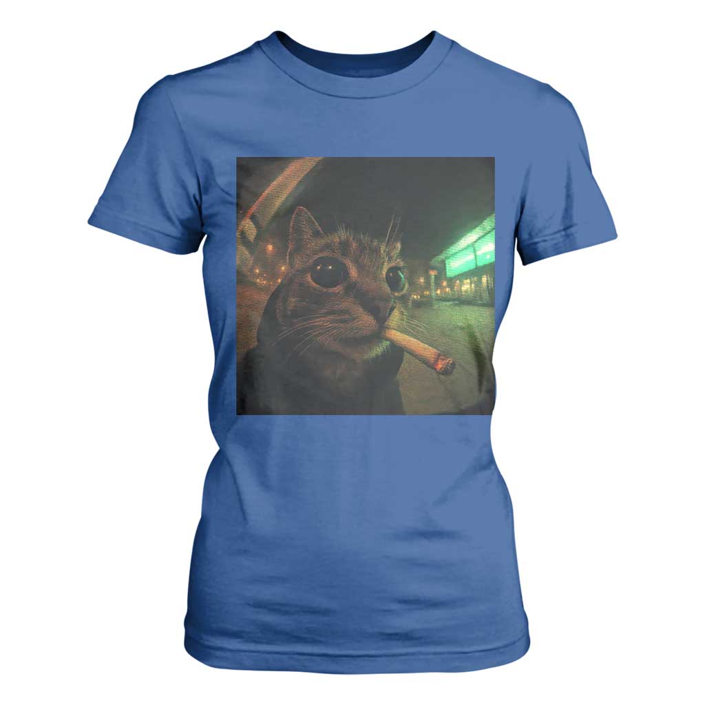 Funny Smoking Cat T Shirt For Women Retro 90s Grunge Cat Selfie Streetwear Meme TS10 Royal Blue Print Your Wear