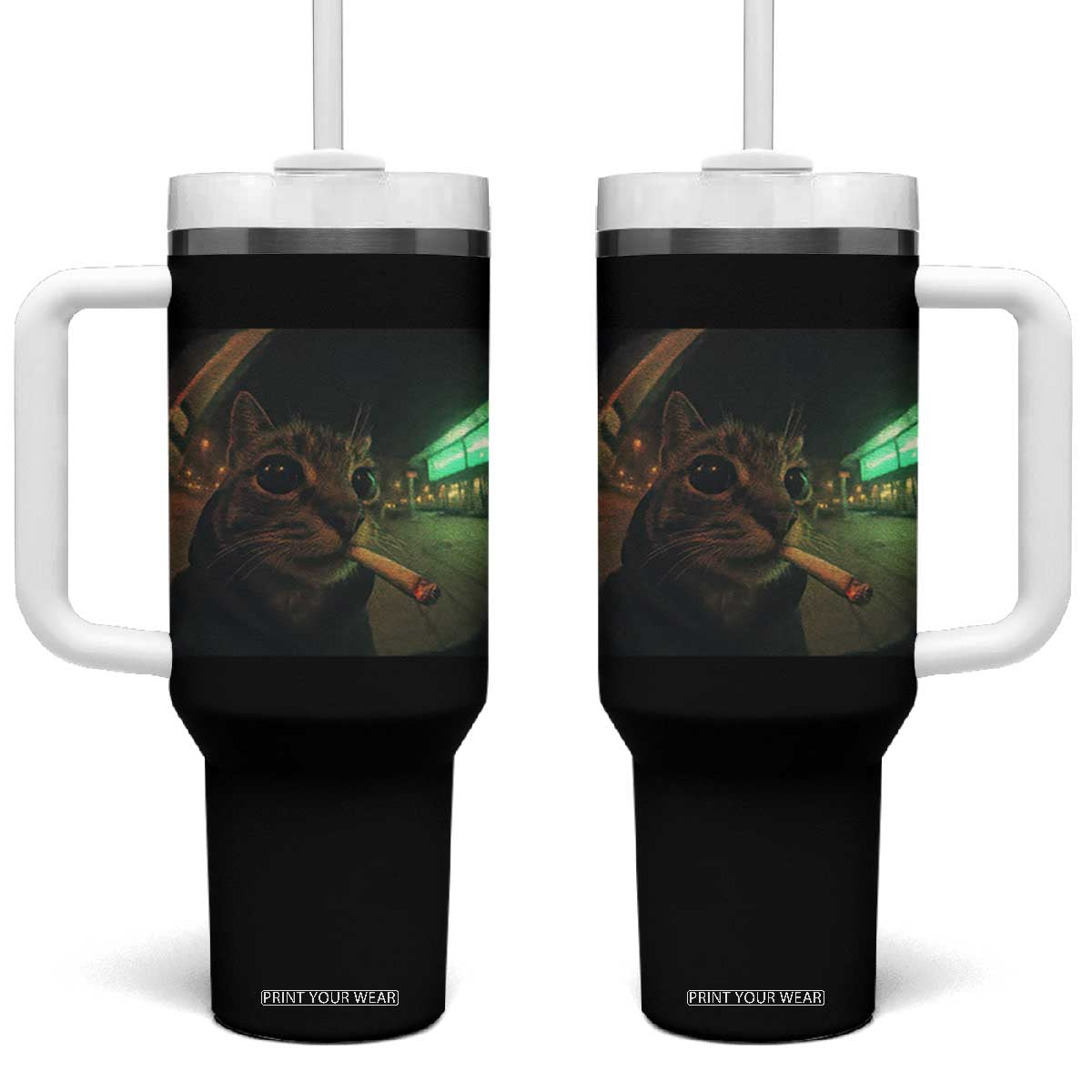 Funny Smoking Cat Tumbler With Handle Retro 90s Grunge Cat Selfie Streetwear Meme TS10 One Size: 40 oz Black Print Your Wear