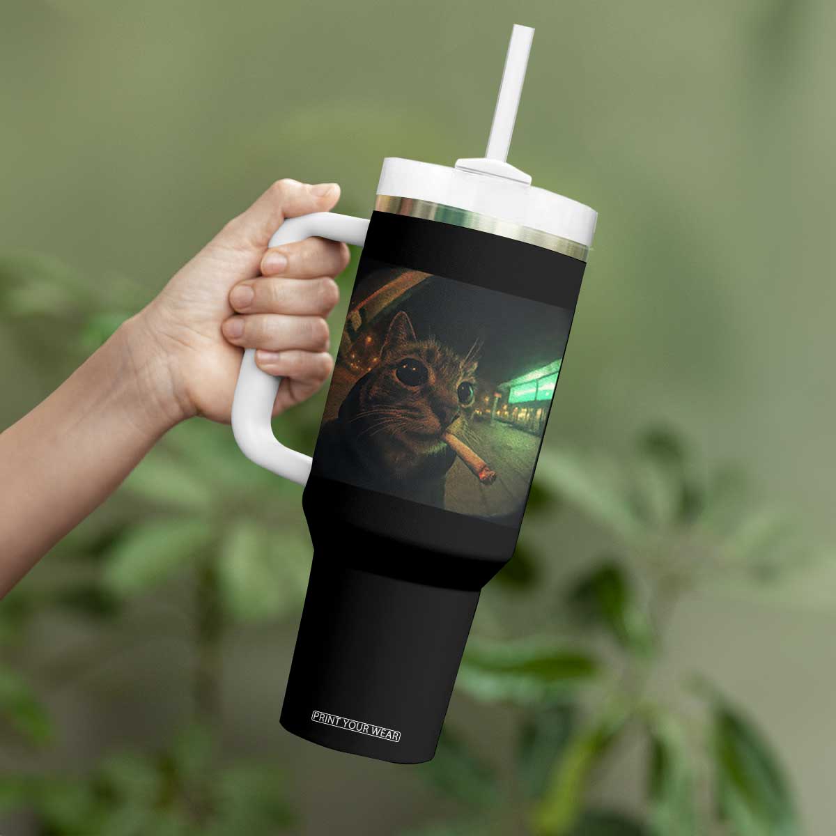 Funny Smoking Cat Tumbler With Handle Retro 90s Grunge Cat Selfie Streetwear Meme TS10 Print Your Wear