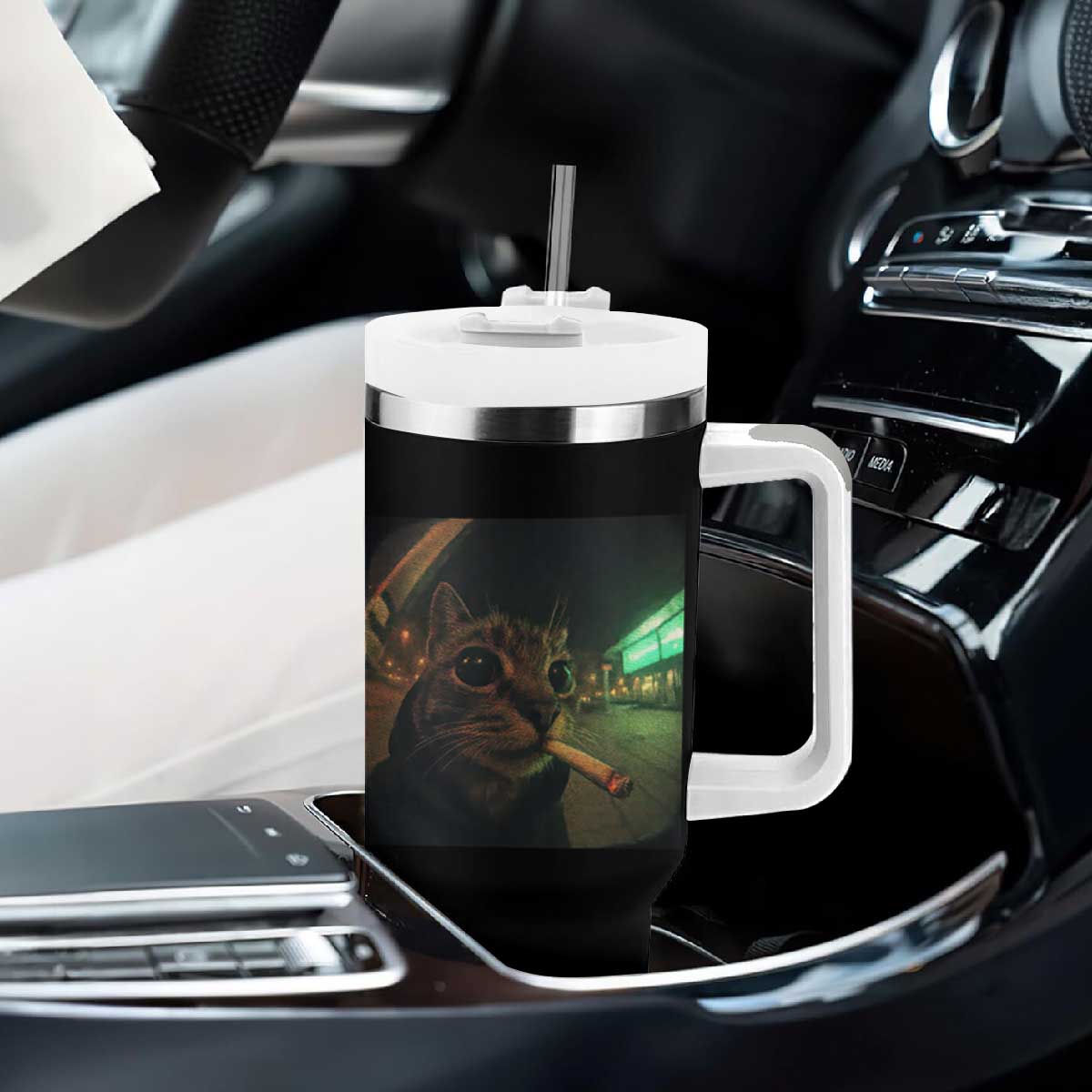 Funny Smoking Cat Tumbler With Handle Retro 90s Grunge Cat Selfie Streetwear Meme TS10 Print Your Wear