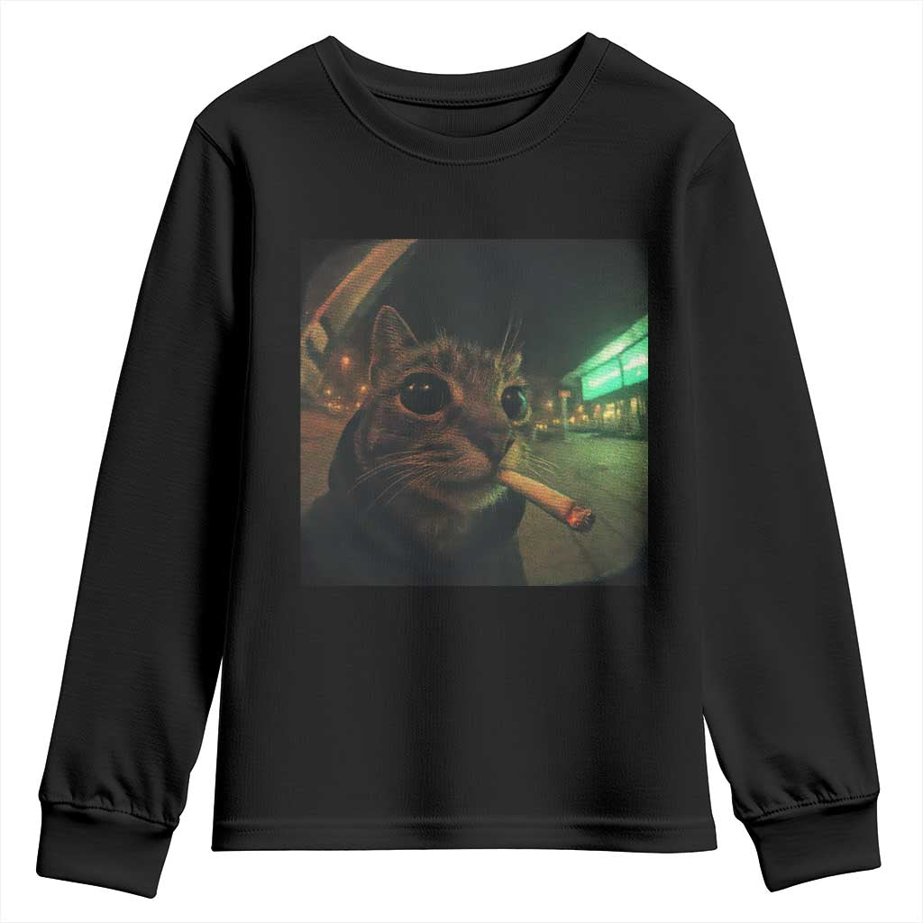Funny Smoking Cat Youth Sweatshirt Retro 90s Grunge Cat Selfie Streetwear Meme TS10 Black Print Your Wear