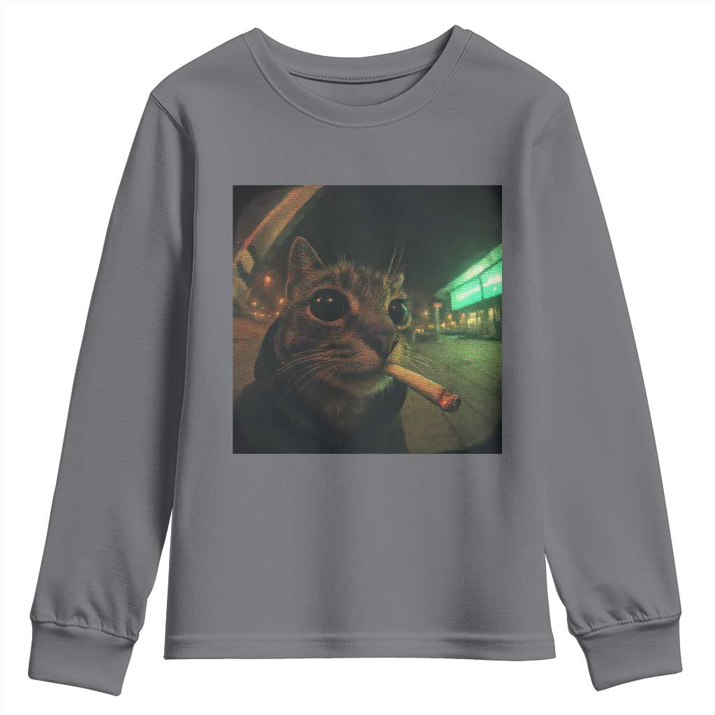 Funny Smoking Cat Youth Sweatshirt Retro 90s Grunge Cat Selfie Streetwear Meme TS10 Charcoal Print Your Wear