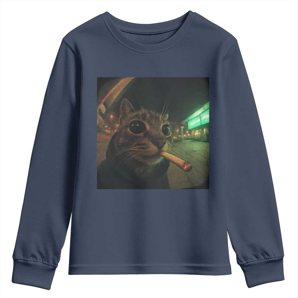 Funny Smoking Cat Youth Sweatshirt Retro 90s Grunge Cat Selfie Streetwear Meme TS10 Navy Print Your Wear