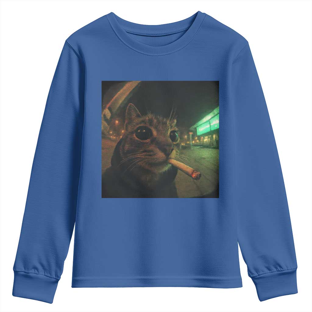 Funny Smoking Cat Youth Sweatshirt Retro 90s Grunge Cat Selfie Streetwear Meme TS10 Royal Blue Print Your Wear