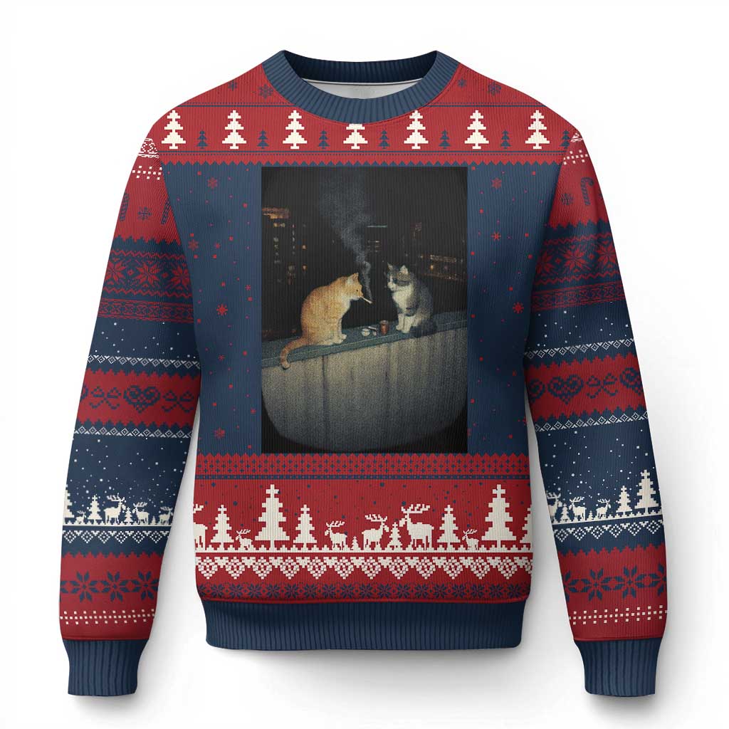 Funny Smoking Cat Ugly Christmas Sweater Retro 90s Grunge Kitty Streetwear Meme TS10 Navy Red Print Your Wear