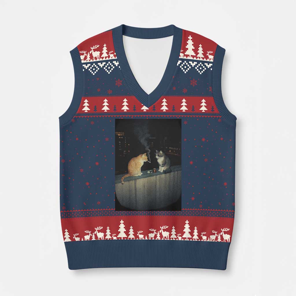 Funny Smoking Cat V-Neck Knit Sweater Vest Retro 90s Grunge Kitty Streetwear Meme TS10 Navy Red Print Your Wear