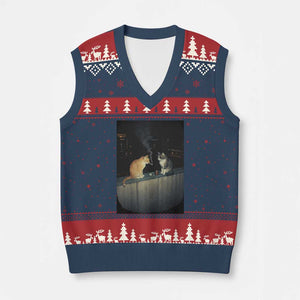 Funny Smoking Cat V-Neck Knit Sweater Vest Retro 90s Grunge Kitty Streetwear Meme TS10 Navy Red Print Your Wear