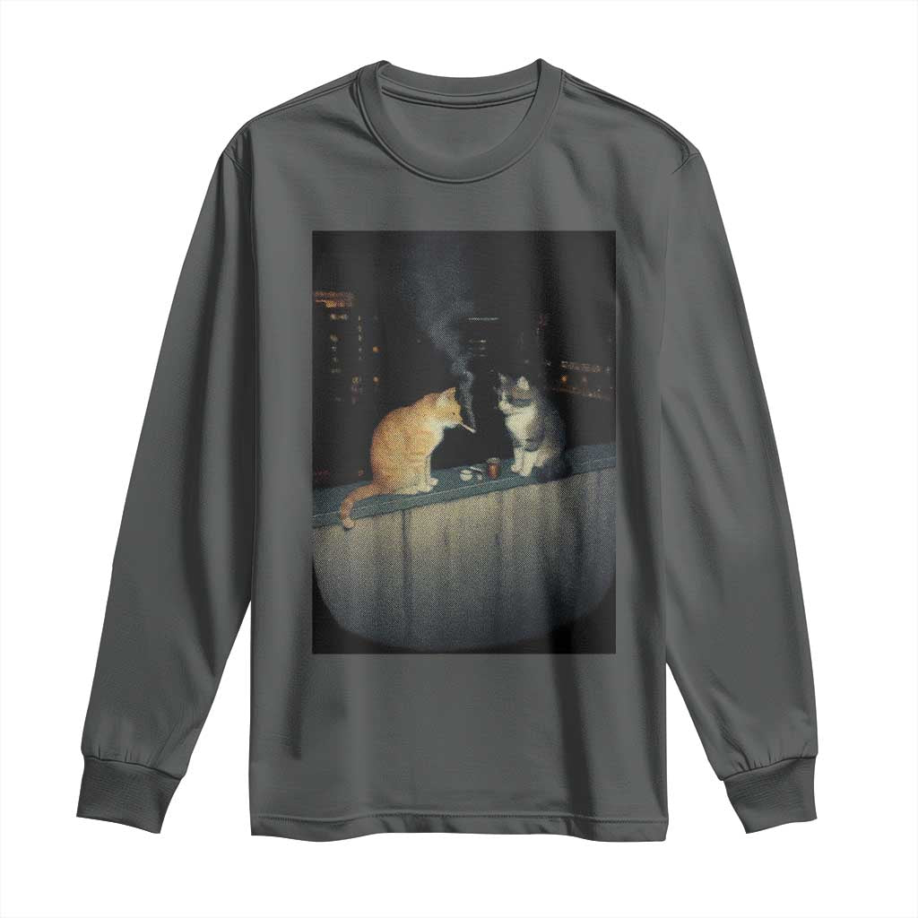 Funny Smoking Cat Long Sleeve Shirt Retro 90s Grunge Kitty Streetwear Meme TS10 Dark Heather Print Your Wear
