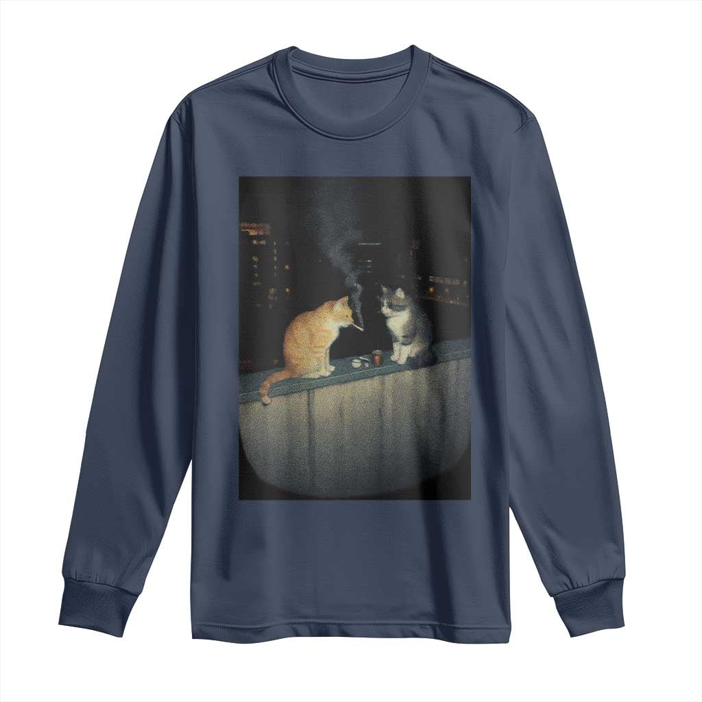 Funny Smoking Cat Long Sleeve Shirt Retro 90s Grunge Kitty Streetwear Meme TS10 Navy Print Your Wear