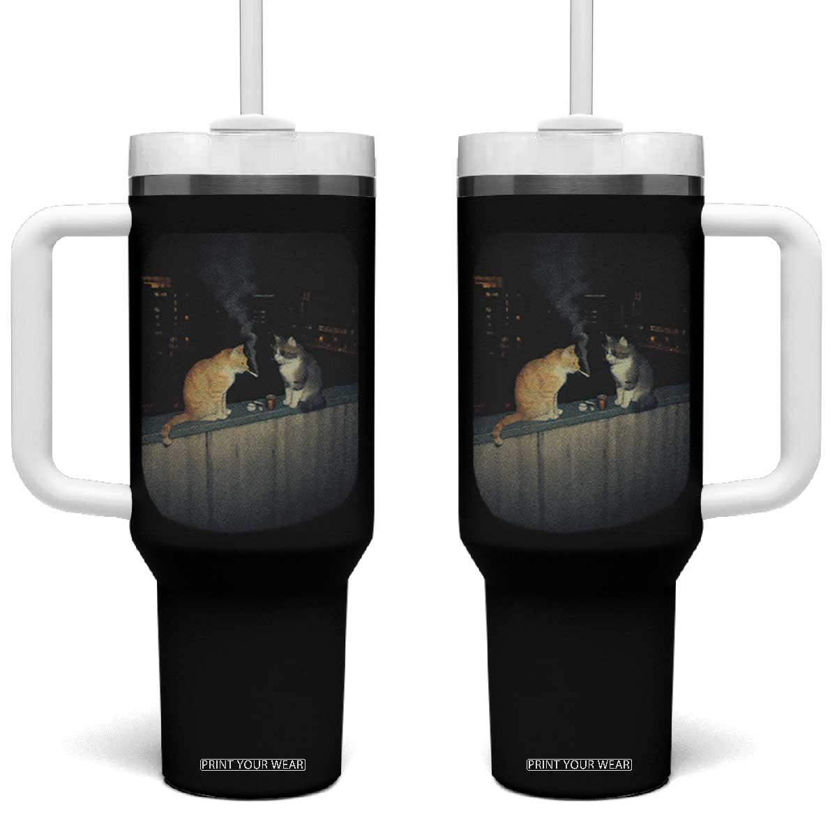 Funny Smoking Cat Tumbler With Handle Retro 90s Grunge Kitty Streetwear Meme TS10 One Size: 40 oz Black Print Your Wear