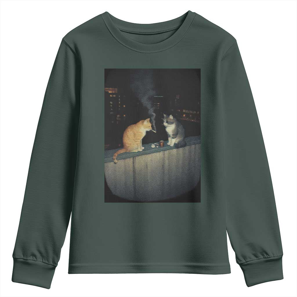 Funny Smoking Cat Youth Sweatshirt Retro 90s Grunge Kitty Streetwear Meme TS10 Dark Forest Green Print Your Wear