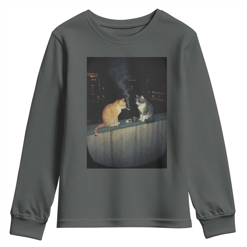 Funny Smoking Cat Youth Sweatshirt Retro 90s Grunge Kitty Streetwear Meme TS10 Dark Heather Print Your Wear