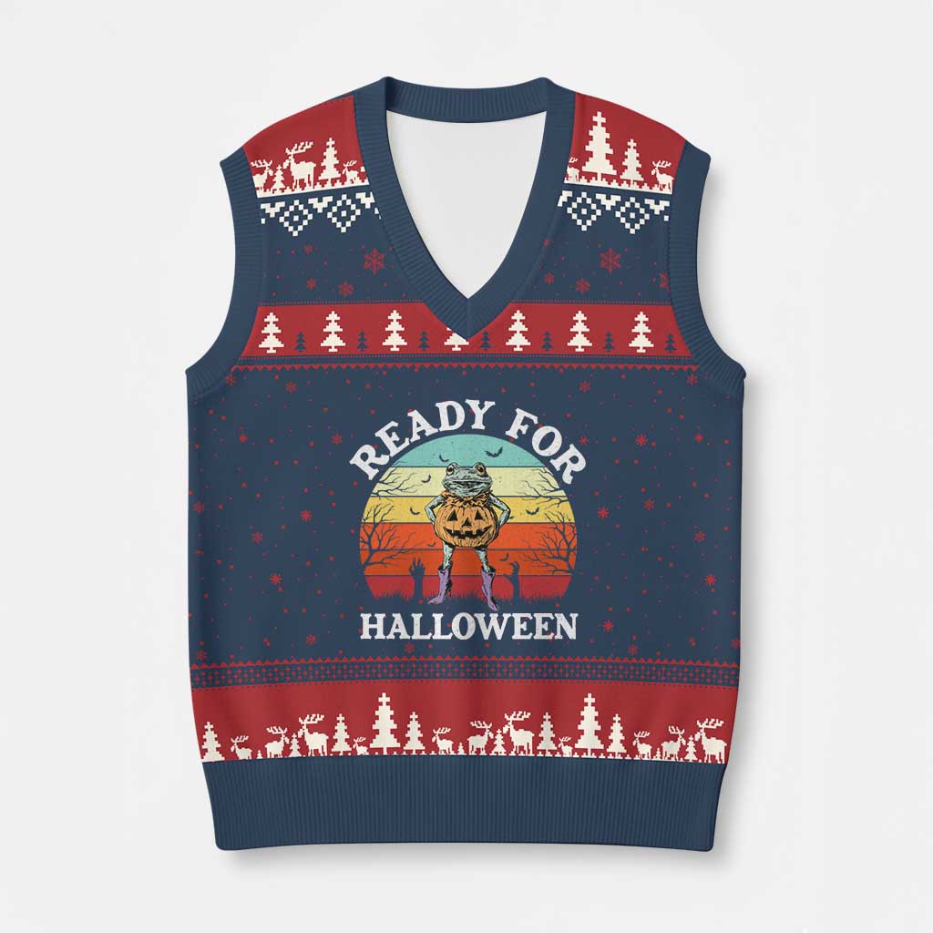 Funny Halloween Frog V-Neck Knit Sweater Vest Retro Spooky Season Funny Frogs Costume TS10 Navy Red Print Your Wear