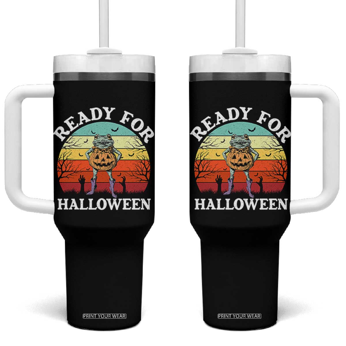 Funny Halloween Frog Tumbler With Handle Retro Spooky Season Funny Frogs Costume TS10 One Size: 40 oz Black Print Your Wear
