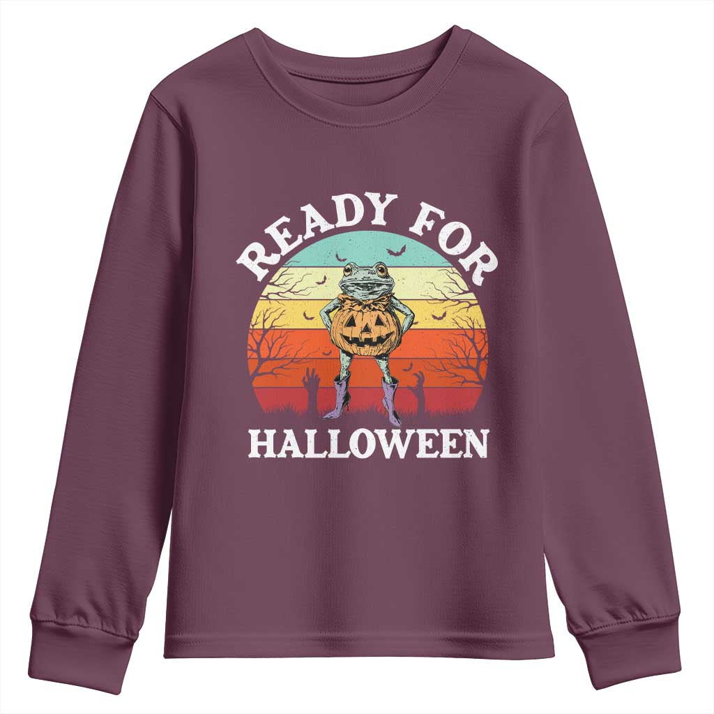 Funny Halloween Frog Youth Sweatshirt Retro Spooky Season Funny Frogs Costume TS10 Maroon Print Your Wear