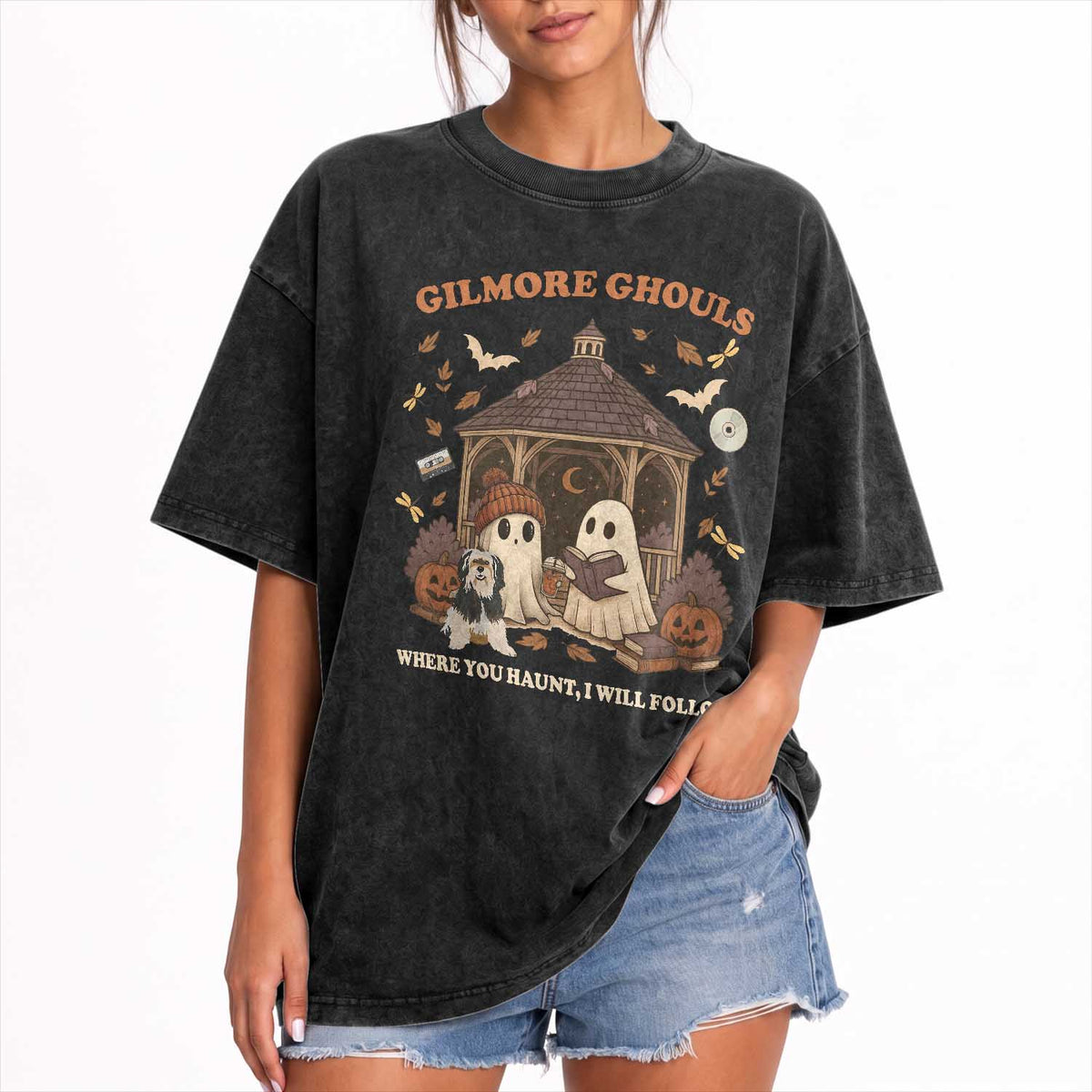 Gilmore Ghouls Halloween Washed Cotton T-Shirt Retro Book Lover Cute Ghost Fall Pumpkin