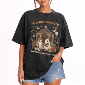 Gilmore Ghouls Halloween Washed Cotton T-Shirt Retro Book Lover Cute Ghost Fall Pumpkin