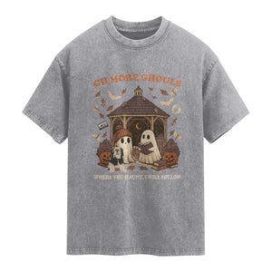 Gilmore Ghouls Halloween Washed Cotton T-Shirt Retro Book Lover Cute Ghost Fall Pumpkin