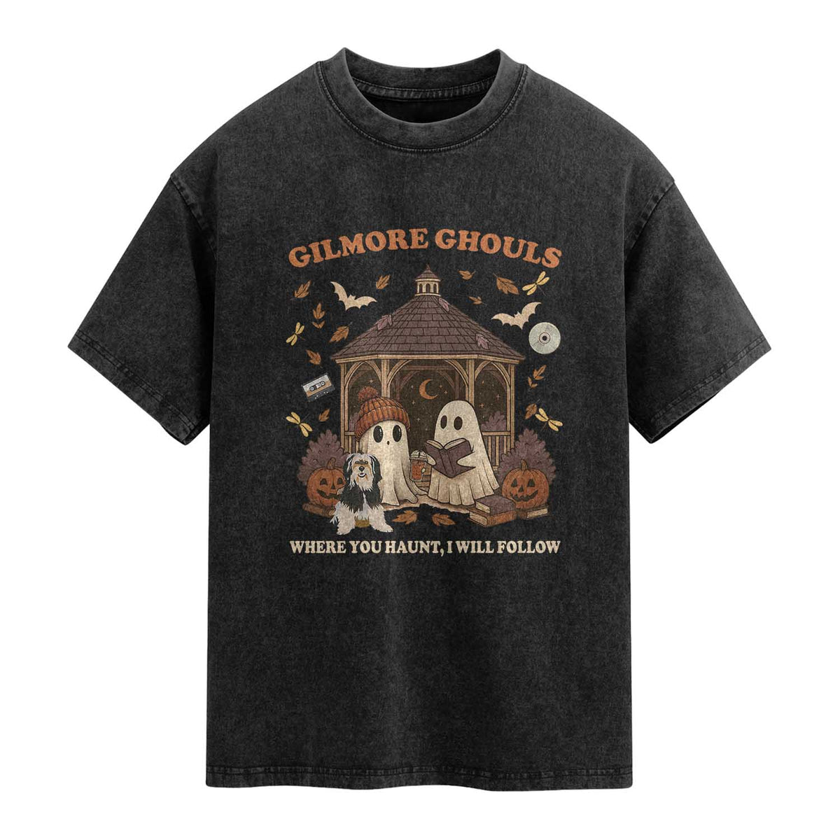 Gilmore Ghouls Halloween Washed Cotton T-Shirt Retro Book Lover Cute Ghost Fall Pumpkin