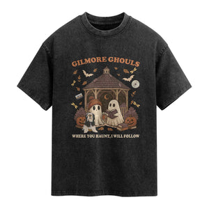 Gilmore Ghouls Halloween Washed Cotton T-Shirt Retro Book Lover Cute Ghost Fall Pumpkin