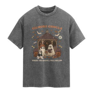 Gilmore Ghouls Halloween Washed Cotton T-Shirt Retro Book Lover Cute Ghost Fall Pumpkin