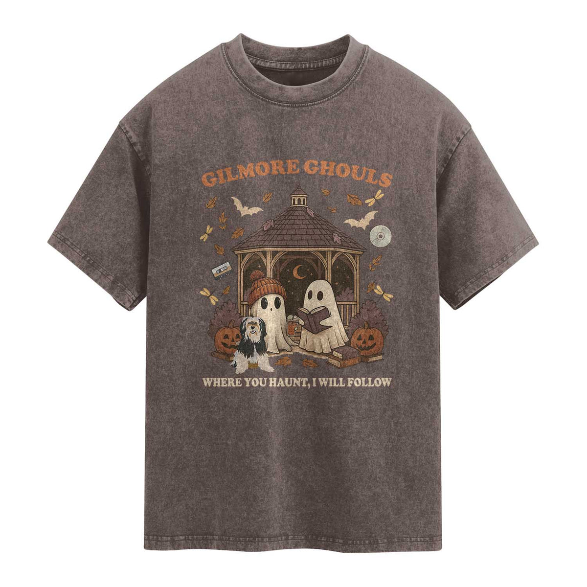 Gilmore Ghouls Halloween Washed Cotton T-Shirt Retro Book Lover Cute Ghost Fall Pumpkin