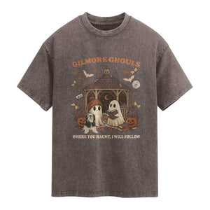 Gilmore Ghouls Halloween Washed Cotton T-Shirt Retro Book Lover Cute Ghost Fall Pumpkin