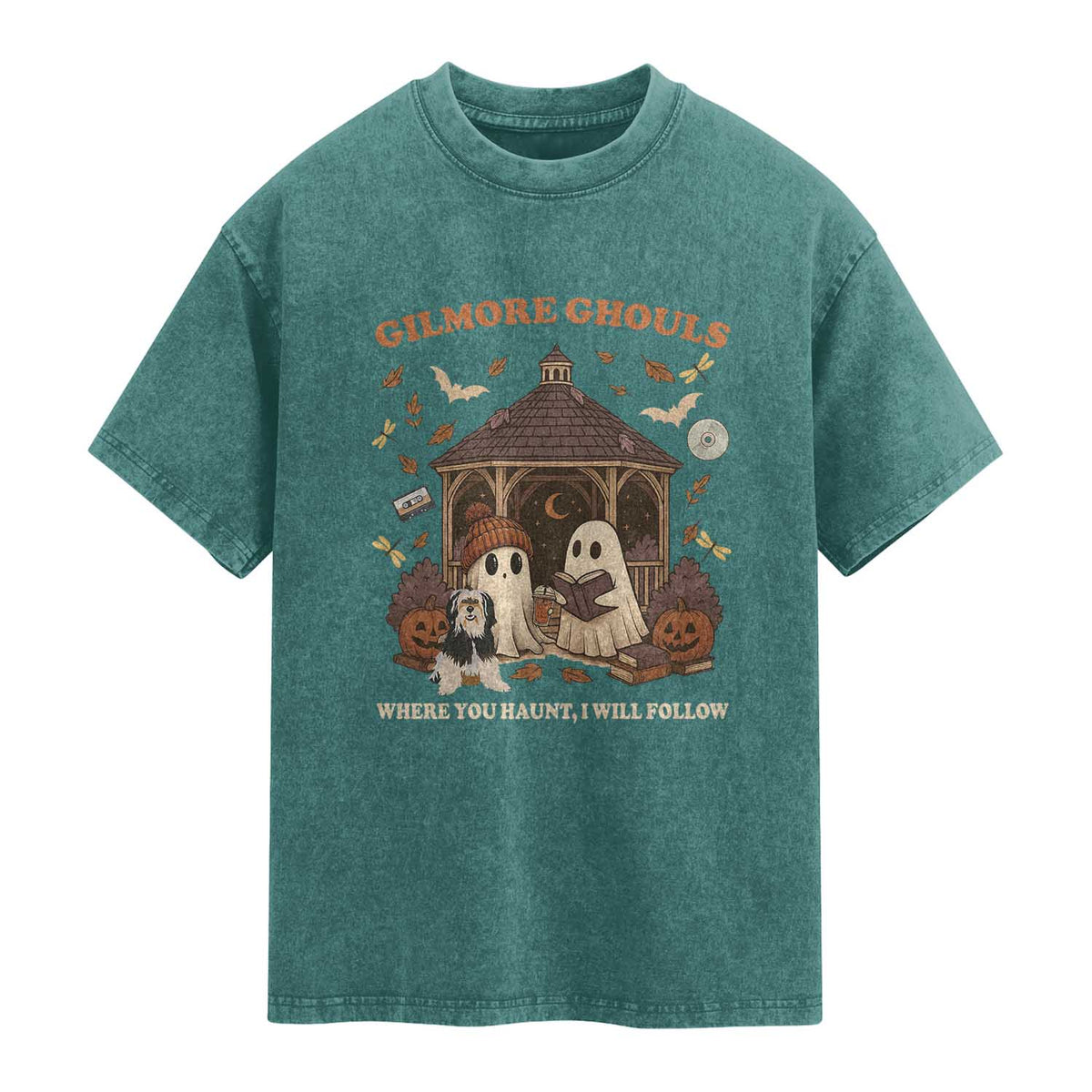 Gilmore Ghouls Halloween Washed Cotton T-Shirt Retro Book Lover Cute Ghost Fall Pumpkin