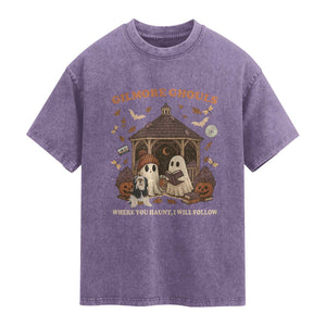 Gilmore Ghouls Halloween Washed Cotton T-Shirt Retro Book Lover Cute Ghost Fall Pumpkin