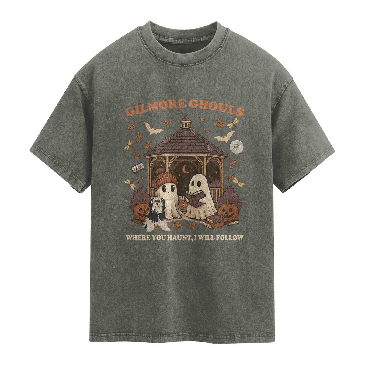 Gilmore Ghouls Halloween Washed Cotton T-Shirt Retro Book Lover Cute Ghost Fall Pumpkin