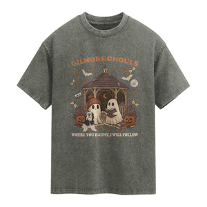 Gilmore Ghouls Halloween Washed Cotton T-Shirt Retro Book Lover Cute Ghost Fall Pumpkin
