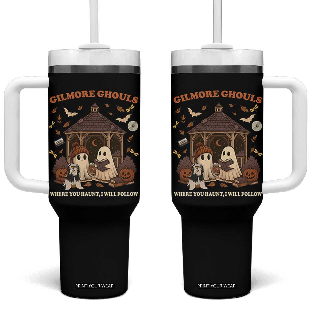Gilmore Ghouls Halloween Tumbler With Handle Retro Book Lover Cute Ghost Fall Pumpkin TS10 One Size: 40 oz Black Print Your Wear