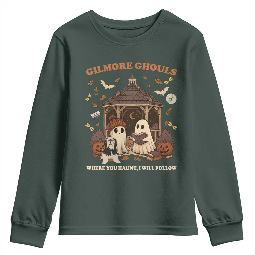 Gilmore Ghouls Halloween Youth Sweatshirt Retro Book Lover Cute Ghost Fall Pumpkin TS10 Dark Forest Green Print Your Wear